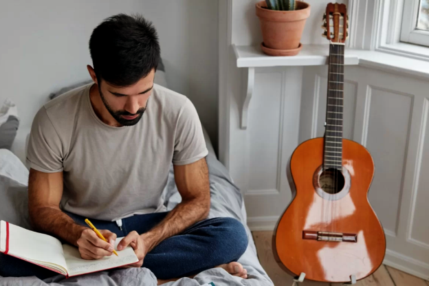 Homem no quarto aprendendo violão e teoria musical