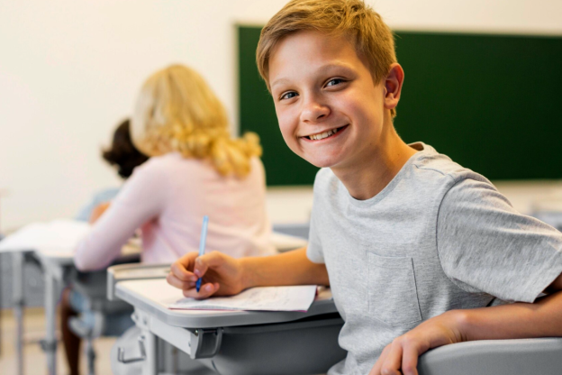 Aluno sorrindo na sala de aula, pois aprender dá prazer